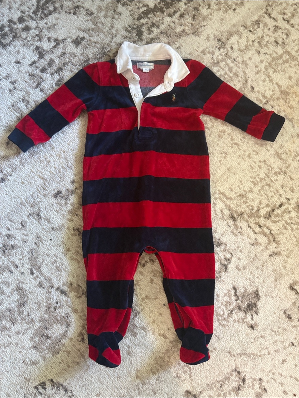 Ralph Lauren Red and Navy Striped Footed One-Piece